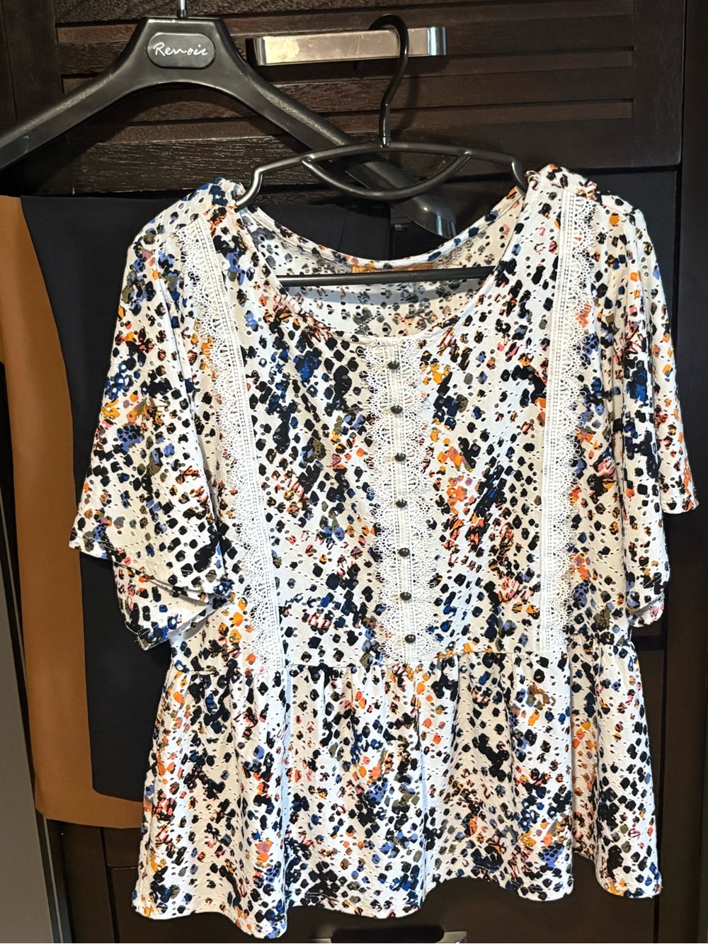 Belldini White Printed Lace Peplum Top with Navy and Orange Accents